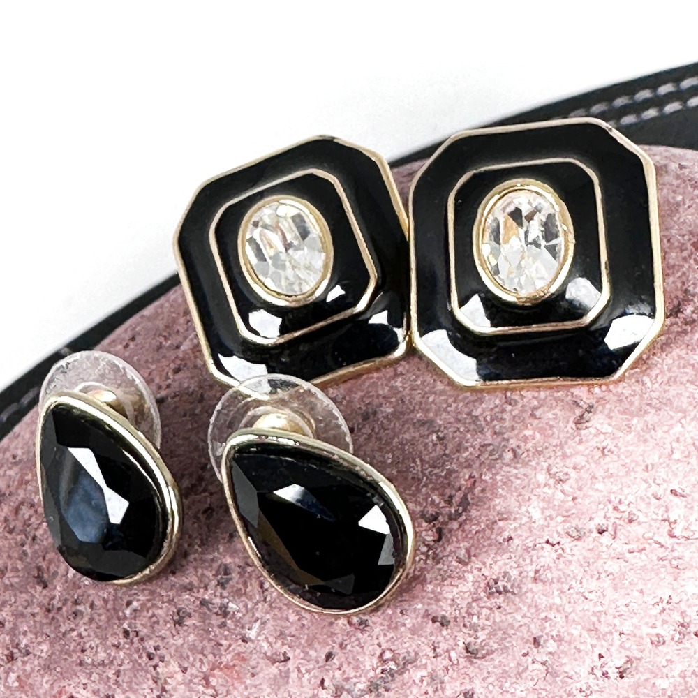 Monet Signed Black Gold‎ Square Earrings + Teardrop Set Vintage Pierced Enamel